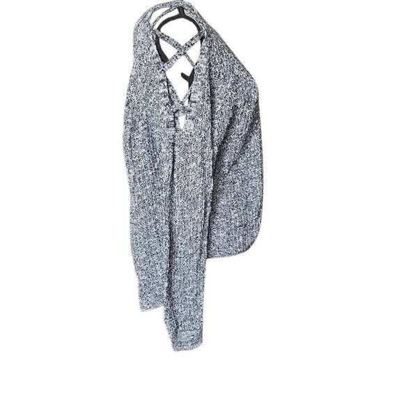 Express Women's Size Medium Black White Marled Lace Up Cold Shoulder Sweater - Picture 5 of 5